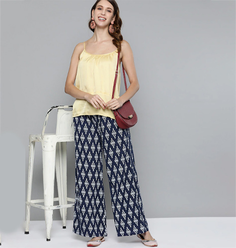 Women Navy Blue & White Ethnic Motifs Printed Pure Cotton Wide Leg Palazzos